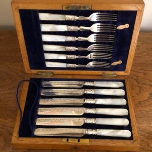 12 Silver-Plated Fruit Knives and Forks with Mother of Pearl Handles & Box